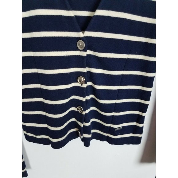 Prich Sz. 160/84A/XS Navy & Ivory Stripe 4 Button V Neck Cardigan Silver Buttons - Picture 3 of 7